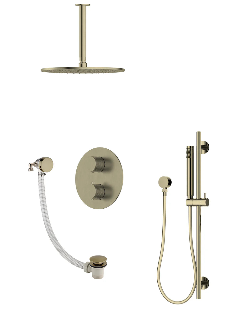 P/S/E Showering | 3-Way Ceiling Arm Slide Rail Shower Set and Overflow Filler