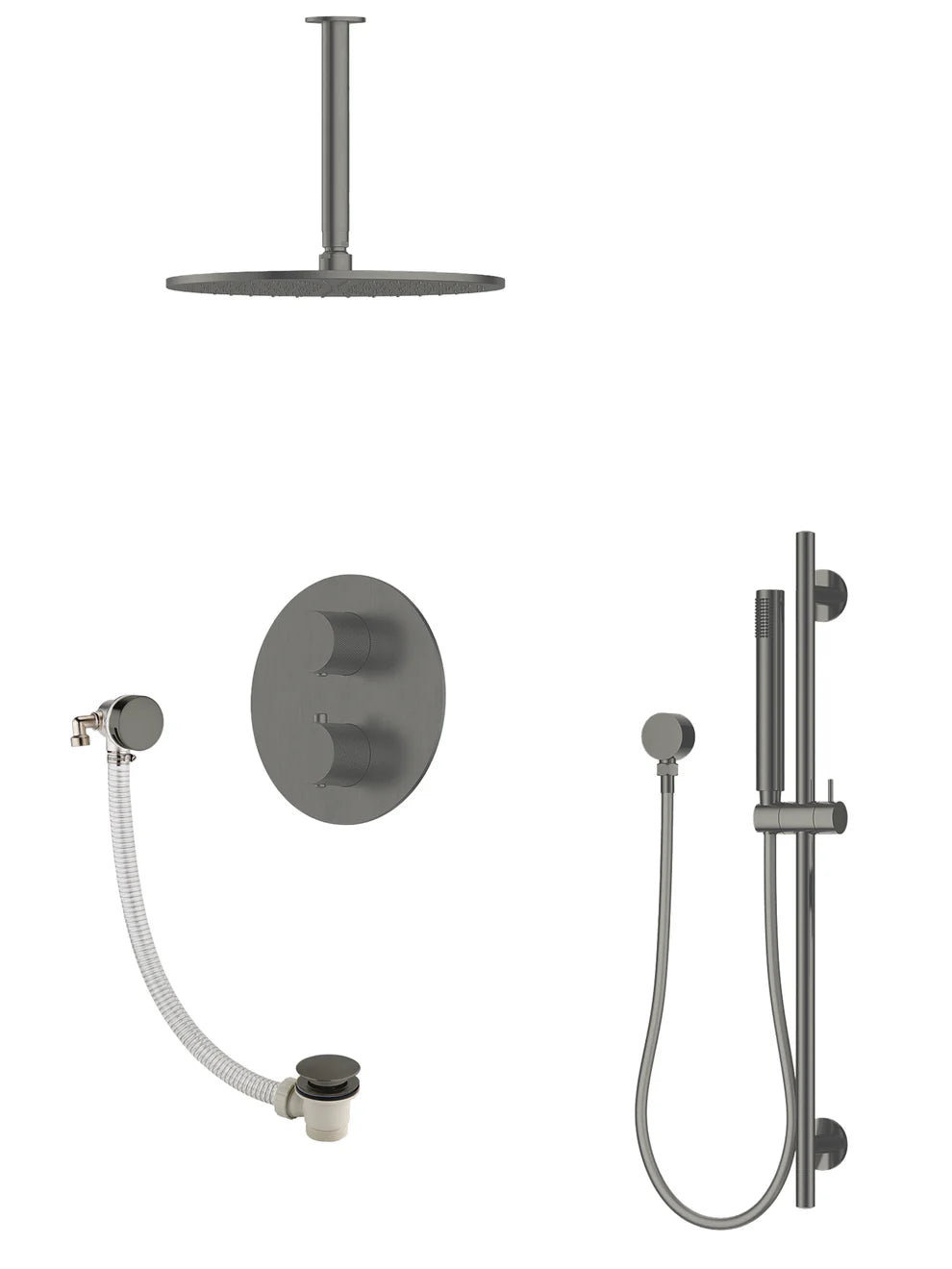 P/S/E Showering | 3-Way Ceiling Arm Slide Rail Shower Set and Overflow Filler