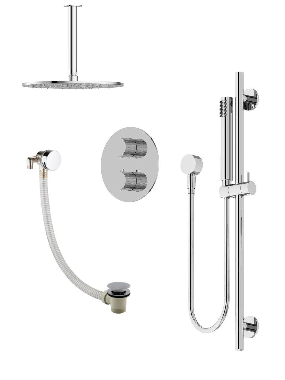 P/S/E Showering | 3-Way Ceiling Arm Slide Rail Shower Set and Overflow Filler