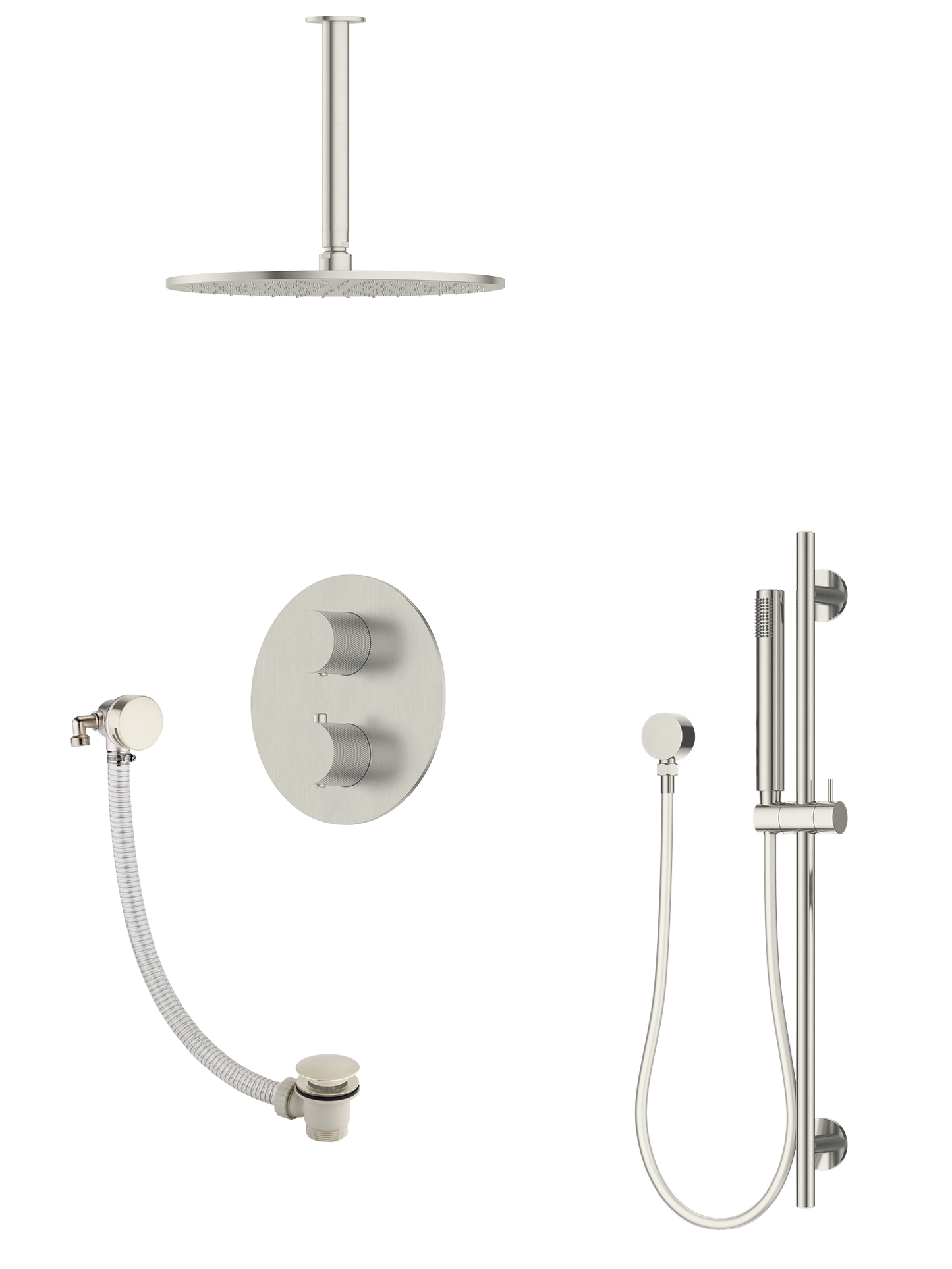 P/S/E Showering | 3-Way Ceiling Arm Slide Rail Shower Set and Overflow Filler